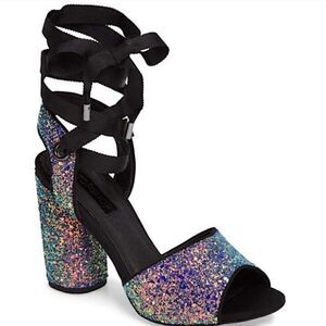 Topshop Royal Iridescent Glitter Lace up Shoes with Round Heels Size 6.5 US